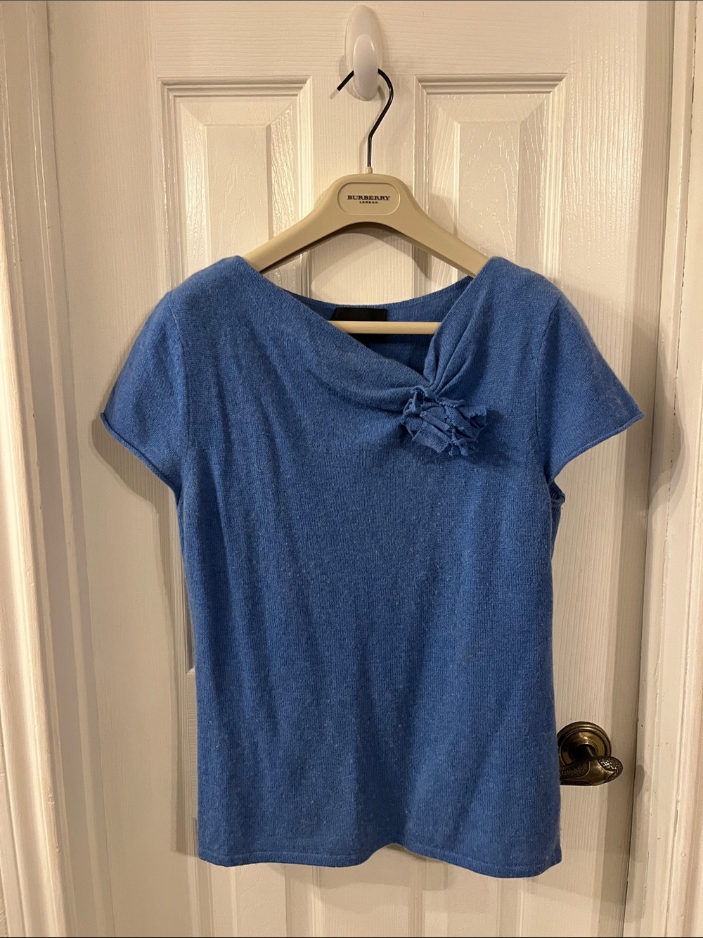Cynthia Rowley Blue Short-Sleeve cashmere Top with Rosette size small